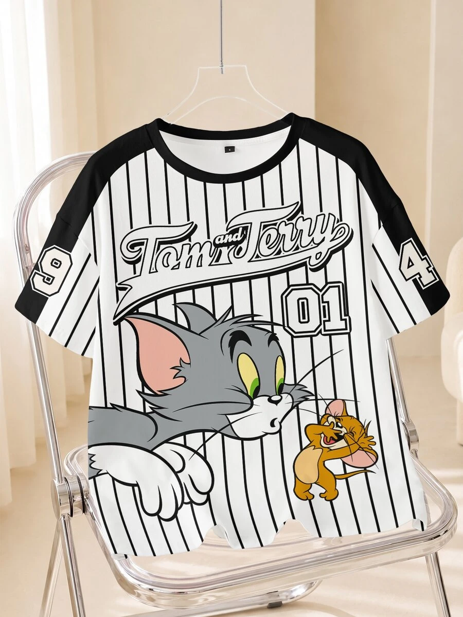 TOM & JERRY X SHEIN 女款夏季休閒拼色條紋卡通印花T恤 - 白色 - 查看 1
