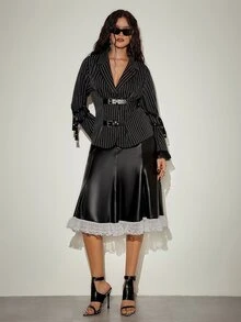 Orbivine Women's Plus Size Black Striped Lace Patchwork Double Buckle Decor Shirt - Black - View 3