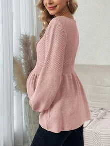 SHEIN Sweater Hamil Warna Polos Leher Bulat Lengan Panjang dengan Hiasan Ruffle di Bagian Bawah - Berwarna merah muda - View 6