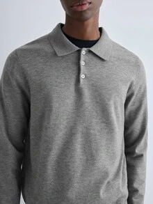 Merionis Men's Solid Color Polo Collar Long Sleeve Casual Versatile Sweater - Light Grey - View 6