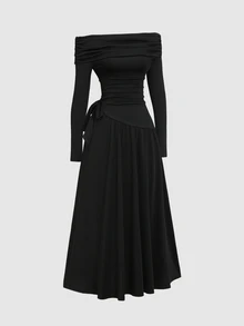 Sweetra Women's Black Spring/Autumn Elegant Casual Comfortable Versatile Off Shoulder Ruched Waist Fitted Bowknot Design Midi Dress - Black - View 1