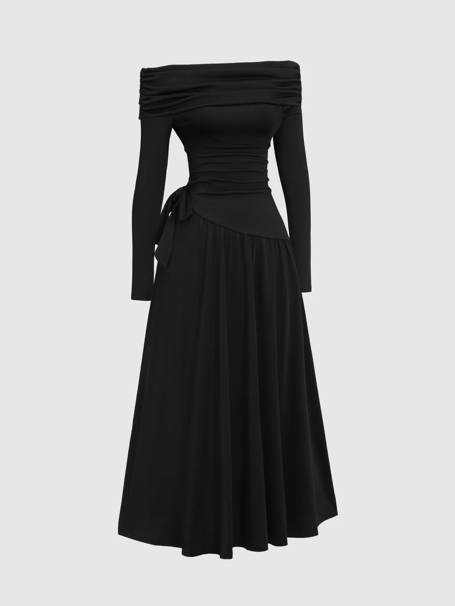 Sweetra Women's Black Spring/Autumn Elegant Casual Comfortable Versatile Off Shoulder Ruched Waist Fitted Bowknot Design Midi Dress - Black - View 1