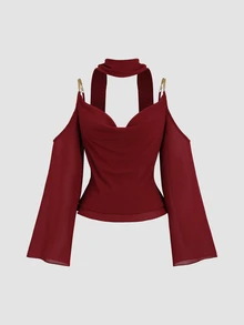 Sweetra Women's Elegant Commute & Vacation Versatile Long Sleeve & Cold Shoulder Design Comfortable Casual Burgundy Blouse - Burgundy - View 3