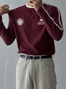 DAZY Summer Letter Print Patchwork Contrast Collar Burgundy Men's T-Shirt - Burgundy - View 1