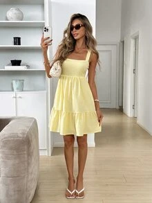 Easowa 休閒鄉村風熱帶風情女款短洋裝，方領、後背綁帶蝴蝶結、抓皺荷葉邊裙襬，淡黃色，適合通勤與野餐 - 鵝黃色 - 查看 6