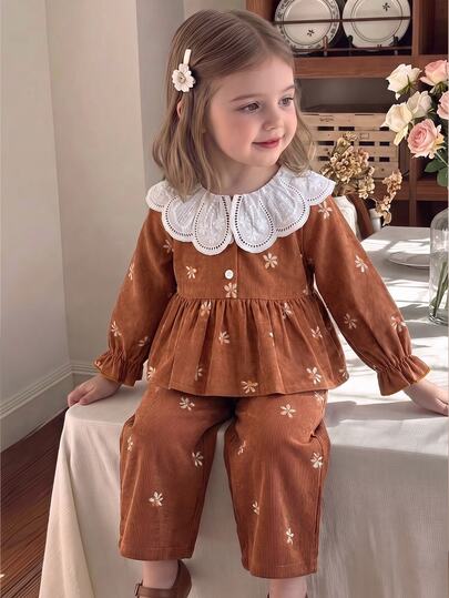 SHEIN 2pcs Toddler Girl Blouse Pants Set Vintage Sweet Brown White Lace Floral Ruffle Long Sleeve Doll Collar Regular Birthday Fall Holiday Christmas