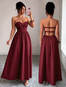 Selianne Summer New Bohemian Style Long Strapless Dress, Sexy Back Cutout, Floral Print, Bandeau Dress, Elegant Summer Dress, Women's Long Summer Dress, Beach Dress, Suitable For Holiday, Picnic, Beach Activities - Burgundy - View 1