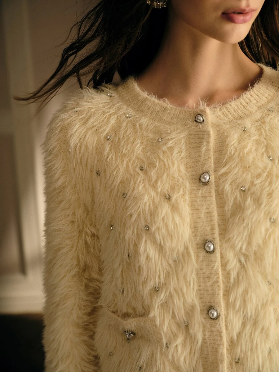 MOTF PREMIUM WOMEN'S FAUX MINK FUR BEADED OPEN FRONT CARDIGAN SWEATER FOR AUTUMN/WINTER DATE - Beige - View 1