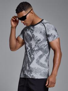 Musero Sport Printed Seamless Crew Neck Tshirt Raglan Sleeve Spring Summer Sports Activewear - Black - View 3