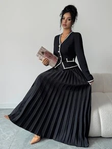 Elenzga Women's Contrast Color Trim V-Neck Long Sleeve Jacket And Long Pleated Skirt Elegant Set - Black - View 5