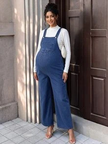 Momance Maternity Pocket Design Casual Denim Overalls - Medium Wash - View 6