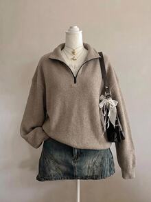 SHEIN EZwear 休閒極簡學院風駱駝色毛絨質感對比黑色拉鍊半開襟女款長袖衛衣，適合秋冬穿著 - 駝色 - 查看 6