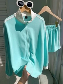 Comfortcana Fall Back To School Preppy Campus Zip Up Stand Collar Side Stripe Mint Green White 3 Pieces Athleisur - Mint Green - View 7