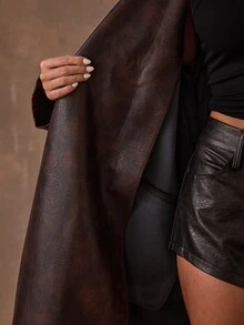 SHEIN BAE Women's Solid Color Lapel Neck Long Sleeve PU Leather Long Fashion Trench Coat - Brown - View 8
