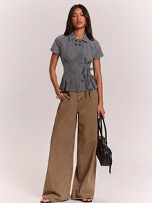 SHEIN BAE Women's Striped Button Design Side Waist Knot Short Sleeve Shirt - Dark Grey - View 3