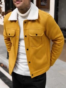 Manfinity CasualCool 男士羊毛領翻蓋口袋時尚橘色長袖外套，秋冬款 - 橘色 - 查看 3