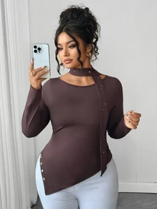 Elenzga Plus Size Maillard Brown Sexy Cold Shoulder Top With Rhinestone Ribbon Scarf, Elastic Slim Fit Slit Long Sleeve Base Layer Fall - Brown - View 3