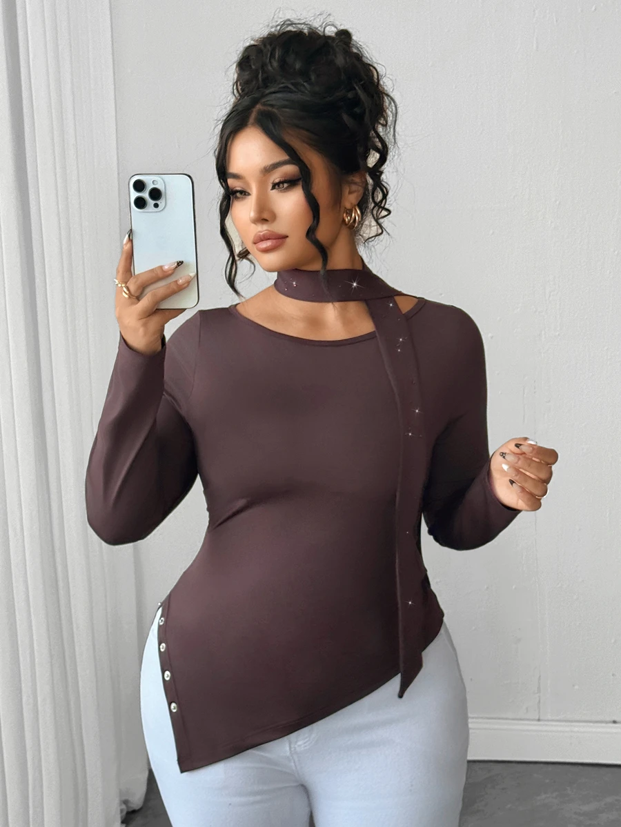 Elenzga Plus Size Maillard Brown Sexy Cold Shoulder Top With Rhinestone Ribbon Scarf, Elastic Slim Fit Slit Long Sleeve Base Layer Fall - Brown - View 1