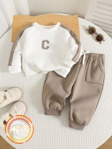 SHEIN 男女嬰兒/幼兒 2件組秋冬保暖內裡加厚拼色運動衫套裝，嬰兒冬季套裝/衣服，運動服，聖誕 - 摩卡棕 - 查看 4