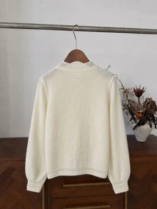 INAWLY French Lace Trim Semi-High Neck Hollow Knit Cardigan - Beige - View 2