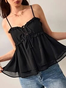 Willow Rêve Women's Black Loose Tie Front Cami Top, Ruffle Trim & Layered Design, Solid Color, Summer Romantic Bohemian Style, Suitable For Vacation, Party & Travel - Black - View 1