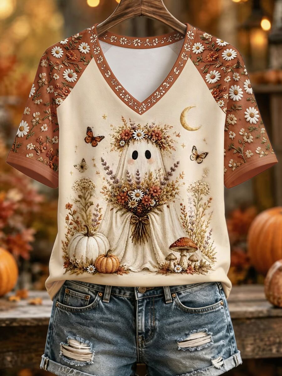 EMERY ROSE Halloween Atmosphere Pastoral Daisy Pumpkin Ghost Patchwork Contrast Color Plus Size T-Shirt - Multicolor - View 1