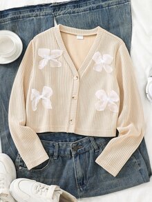 Genkimix Kids Tween Girl' Spring Summer Autumn Winter Textured Knit Peach Cardigan Jacket Top Casual Cute Everyday Wear 3D Bow Decor School Formal - Apricot - View 1