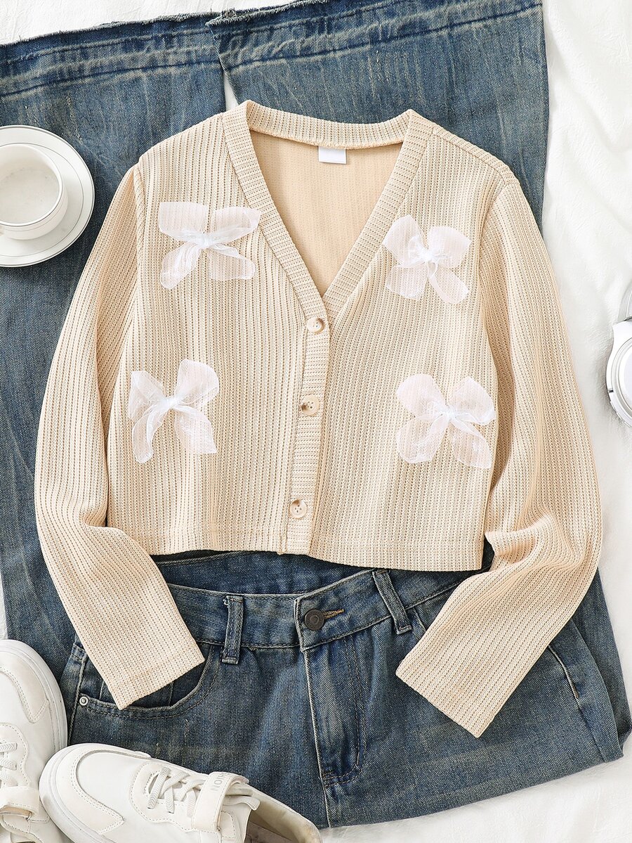 Genkimix Kids Tween Girl' Spring Summer Autumn Winter Textured Knit Peach Cardigan Jacket Top Casual Cute Everyday Wear 3D Bow Decor School Formal - Apricot - View 1