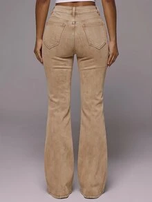 MUSERA Mid-Waist Denim Overlap Button Flared Leg Stud Detail Jeans Sexy Boho Cute Holiday Ibiza Spring Summer Feminine Outing - Beige - View 4