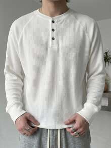 DAZY Men's Textured Fabric Solid Color Basic Half-Button T-Shirt, Spring/Autumn - White - View 3