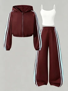 SHEIN 3件組青少年女孩連帽衛衣套裝，長袖開襟短版夾克、白色細肩帶背心、鬆緊腰寬鬆寬腿長褲，休閒穿搭，秋季服飾，返校校服 - 酒紅色 - 查看 3