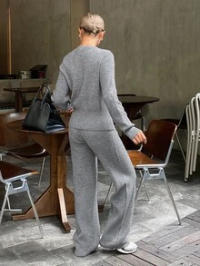 DAZY Women's Solid Color Long Sleeve Single-Breasted Knit Cardigan And Knit Pants Casual 2 Pieces Set Fall - Grey - View 2
