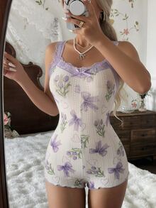 CottageSlumber Purple Tulip Lace Spaghetti Strap Jumpsuit, Criss-Cross Back Bow Sweet Home Sleepwear - White - View 2