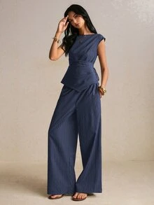 Poéselle Women's Striped Asymmetrical Hem Shirt And Wide Leg Pants Casual 2 Pieces Set - Navy Blue - View 3