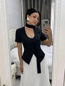 Siren Gaze Neuer Damen-Blazer mit Taillierung und kurzen Ärmeln, für Lehrerinnen, Business, Alltag, Büro, Brunch, Schwarz, Sommer, Lässig, Elegant - Schwarz - Übersicht 8