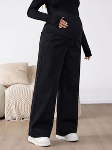 SHEIN Maternity Asymmetric Waist Wide Leg Loose Casual Denim Jeans Fall Clothes - Black - View 6