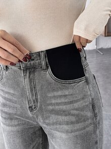 SHEIN 孕婦休閒寬鬆寬腿牛仔褲 灰色 - 淺灰色 - 查看 4