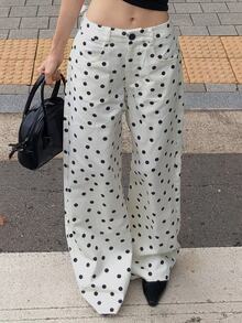 DAZY Polka Dot Loose Wide Leg Pants Casual Street Vacation Autumn Winter Long Jeans For Women - White - View 6