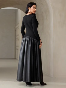 Veilorie Women's Solid Color Round Neck Long Sleeve Elegant Dress - Black - View 2