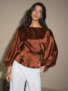 Poéselle Women's Jacquard Boat Neck Batwing Long Sleeve Elegant Blouse - Brown - View 5