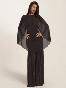SHEIN BAE Women's Solid Color Round Neck Batwing Sleeve Pleated Elegant Dress - Coffee Brown - View 6
