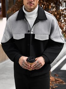 Manfinity CasualCool 男士休閒拼色拼接大衣，秋冬款 - 黑色 - 查看 6