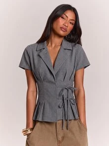 SHEIN BAE Women's Striped Button Design Side Waist Knot Short Sleeve Shirt - Dark Grey - View 6