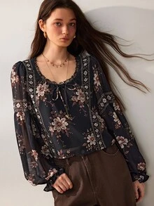 Willow Rêve Women's Black Loose Bell Sleeve Chiffon Blouse, Lace Trim With Tie Front, Vintage Floral Romantic Bohemian Style, Suitable For Spring/Autumn Vacation And Party Wear - Multicolor - View 4