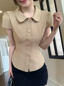 DAZY 女款純色花瓣袖單排扣休閒襯衫 - 卡其色 - 查看 3