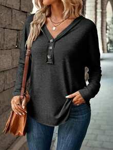 SHEIN LUNE Casual V-Neck Button Long Sleeve T-Shirt Top - Dark Grey - View 4