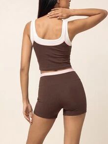 SHEIN BAE Women's Colorblock Cropped Tank Top And Shorts Sports Set - Coffee Brown - View 2