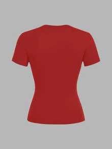 SHEIN EZwear 休閒極簡風黑色、灰色、紅色 3 件組女款圓領修身長版短袖 T 恤套裝，適合夏季 - 彩色 - 查看 9