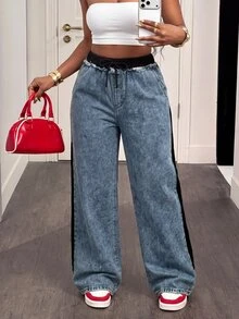 Slaydiva Plus-Size Women's High-Waisted, Loose-Fit, Wide-Leg Denim Jeans In Blue With Color-Block Lace-Up Detailing.Autumn - Blue - View 6