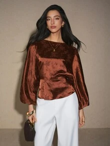 Poéselle Women's Jacquard Boat Neck Batwing Long Sleeve Elegant Blouse - Brown - View 7